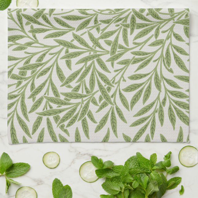 William Morris Green Floral Botanical Pattern Tea Towel (Folded)