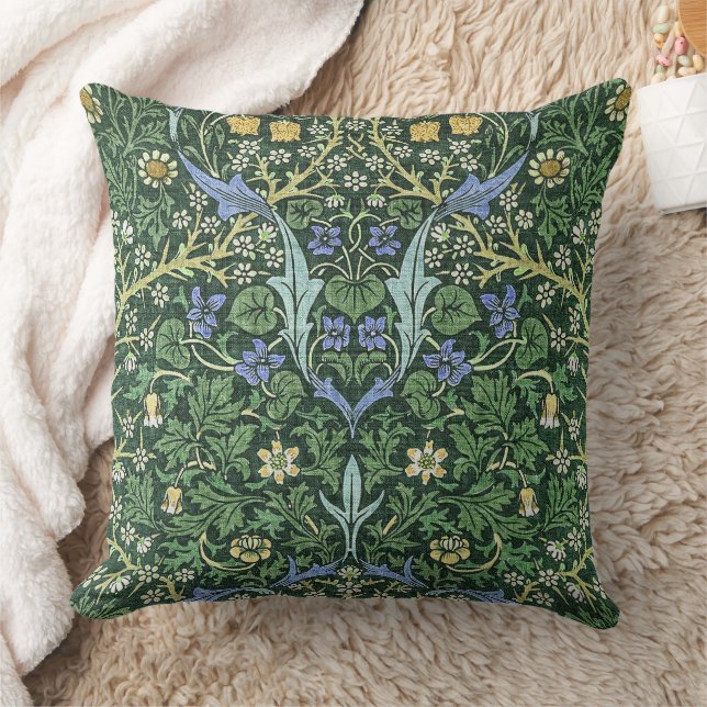 William Morris Green Floral Vintage White Daisies  Cushion (Blanket)