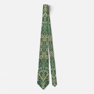 William Morris Green Floral Vintage White Daisies Tie