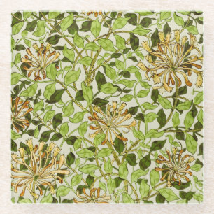 William Morris Green Honeysuckle Floral Wallpaper Glass Coaster