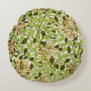 William Morris Green Honeysuckle Floral Wallpaper Round Cushion