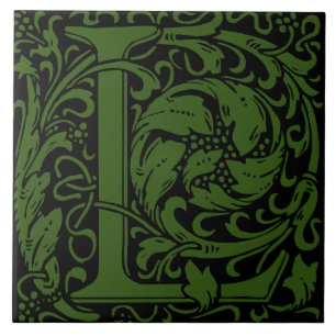 William Morris Green Monogrammed Letter L Tile