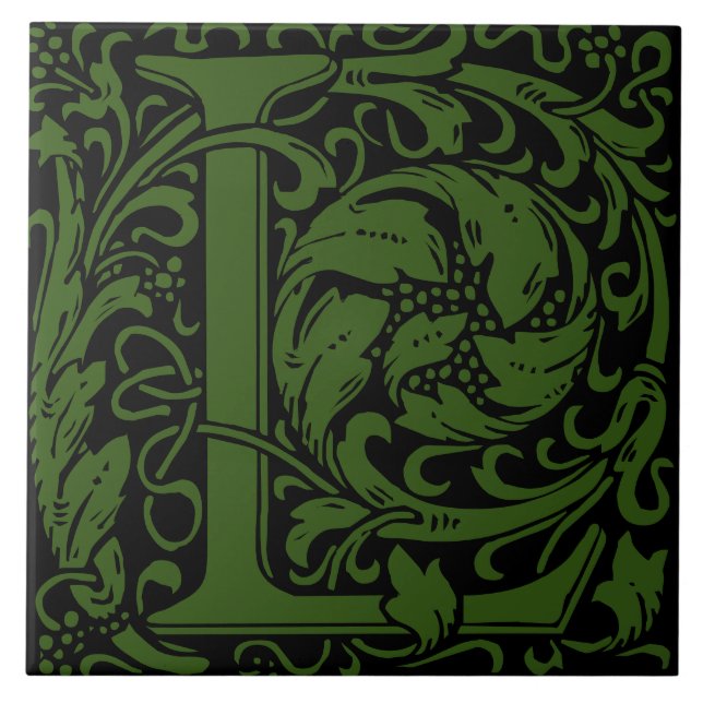 William Morris Green Monogrammed Letter L Tile (Front)