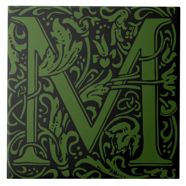 William Morris Green Monogrammed Letter M Tile (Front)