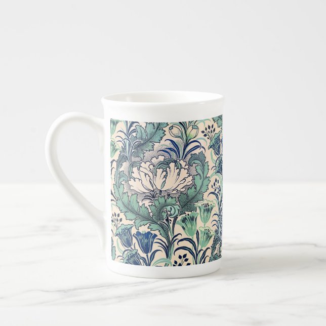William Morris Green Teal Cream Floral Pattern Bone China Mug (Left)