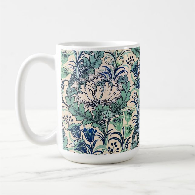 William Morris Green Teal Cream Floral Pattern Coffee Mug (Left)