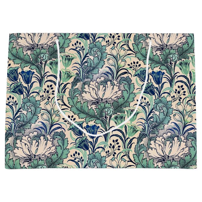 William Morris Green Teal Cream Floral Pattern Large Gift Bag (Front)