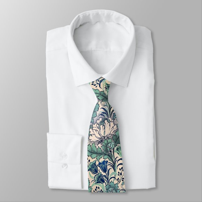 William Morris Green Teal Cream Floral Pattern  Tie (Tied)
