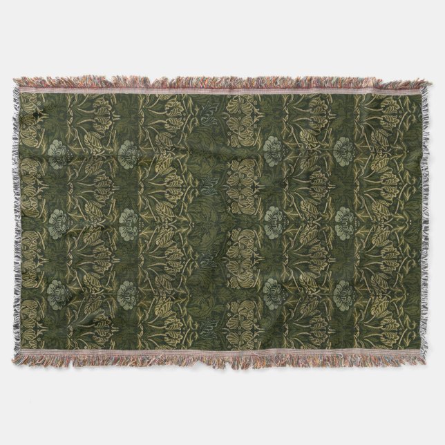 William Morris: Green Tulip & Rose Throw Blanket (Front)