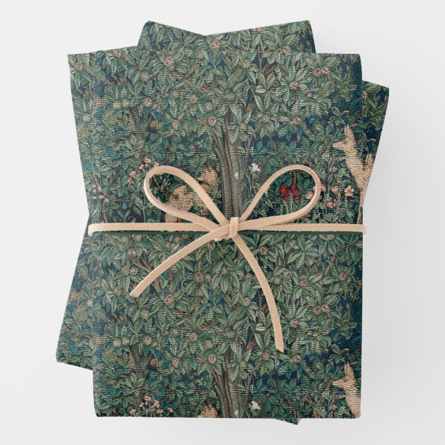 William Morris Greenery Forest Animal Botanical Wrapping Paper Sheet (In situ)