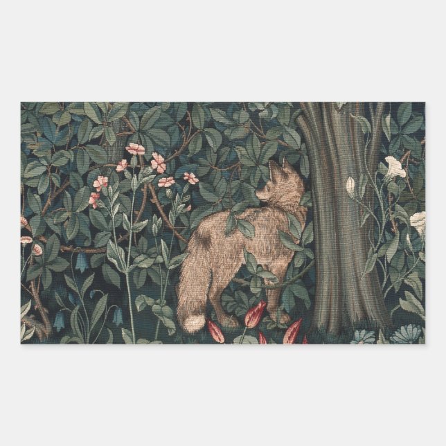 William Morris Greenery Fox Wildlife Art Rectangular Sticker (Front)