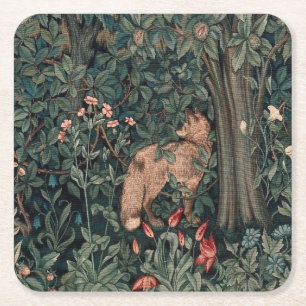 William Morris Greenery Fox Wildlife Art Square Paper Coaster