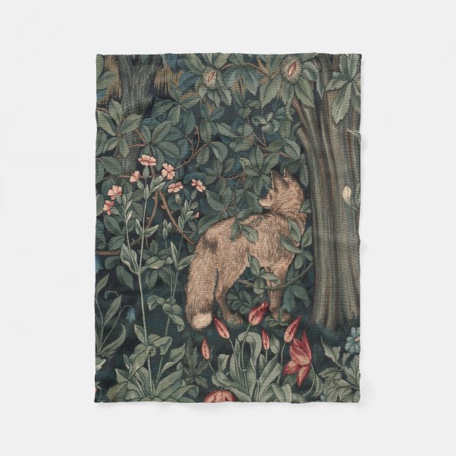 William Morris Greenery Fox Wildlife  Fleece Blanket (Front)