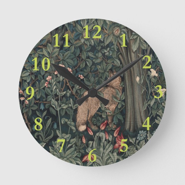 William Morris Greenery Fox Wildlife  Round Clock (Front)