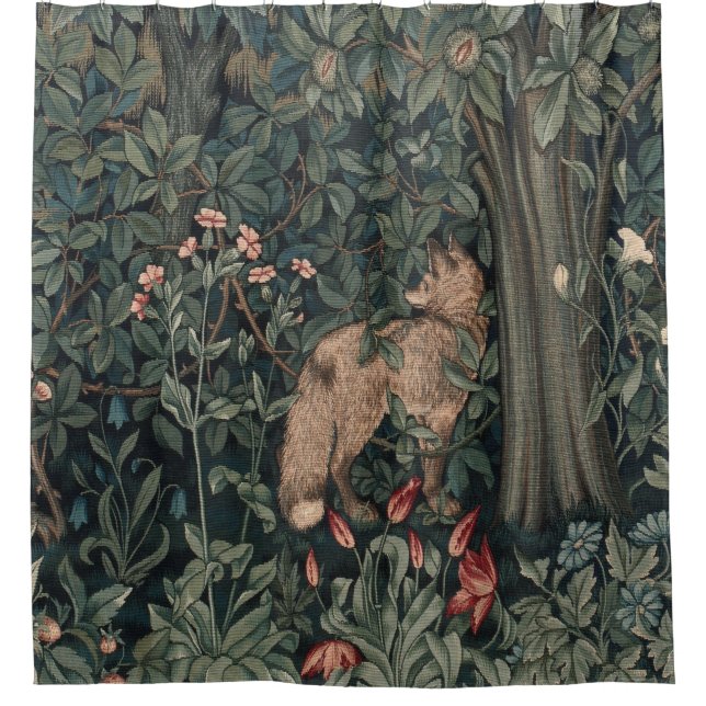 William Morris Greenery Fox Wildlife  Shower Curtain (Front)