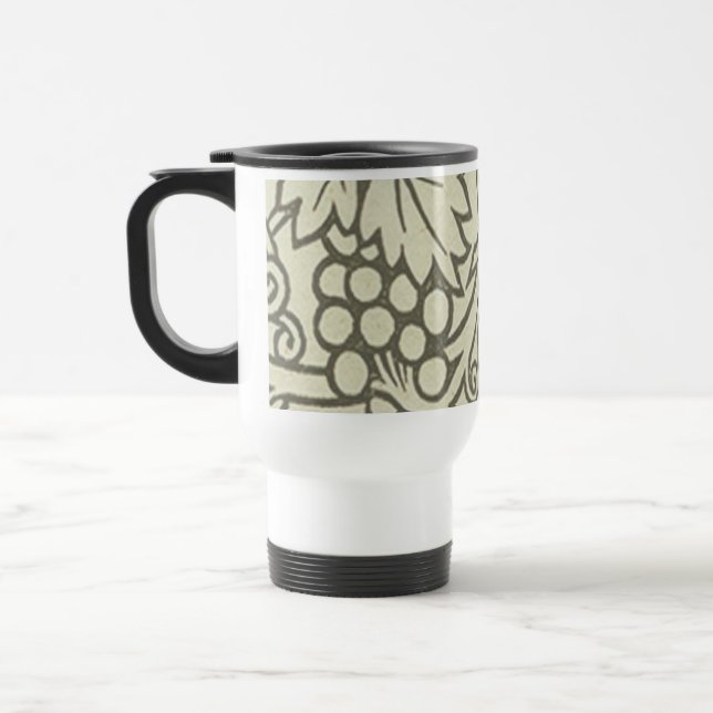 William Morris grey green Grape Vine Pattern Travel Mug (Left)