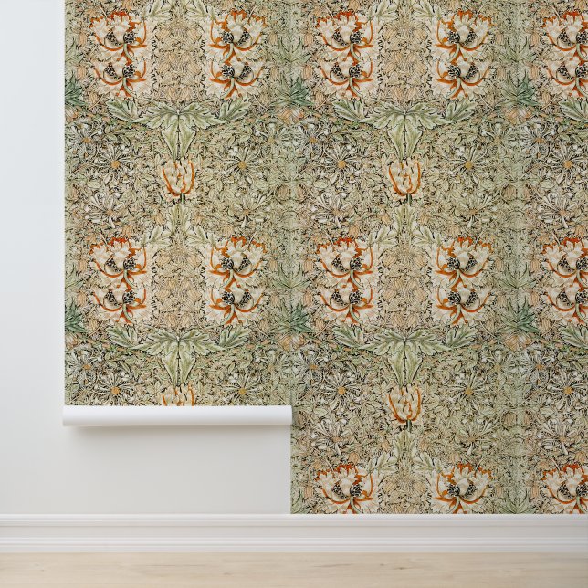 William Morris Honeysuckle Beige Floral Pattern Wallpaper (Application)