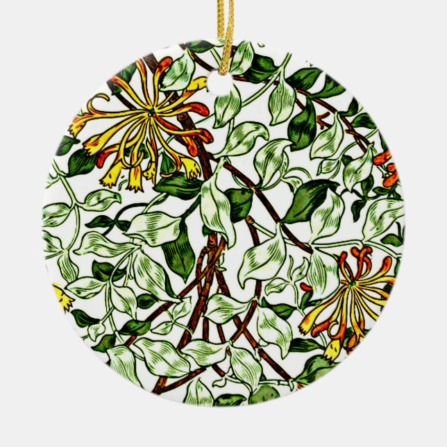 William Morris - Honeysuckle green and yellow-gold Ceramic Tree Decoration (Front)