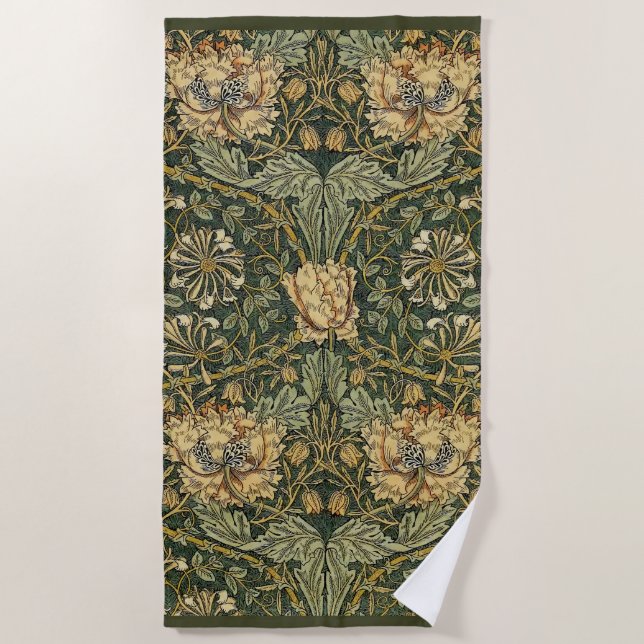 William Morris Honeysuckle Green Floral Beach Towel (Front)