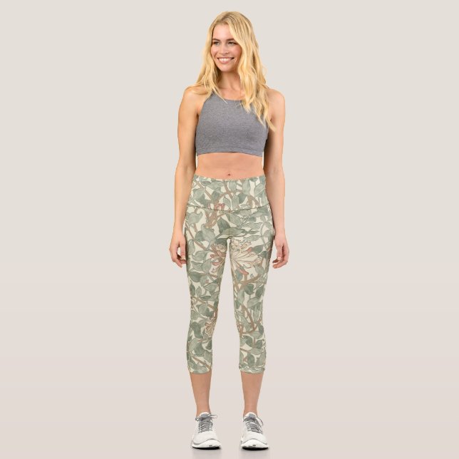 William Morris Honeysuckle Green Floral Capri Leggings (Front)