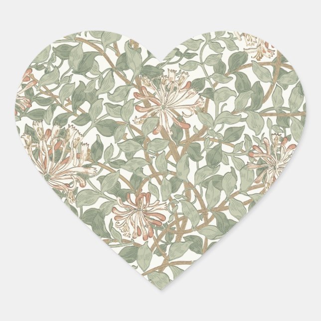 William Morris Honeysuckle Green Floral Heart Sticker (Front)