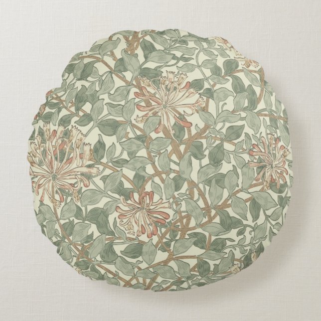 William Morris Honeysuckle Green Floral Round Cushion (Front)