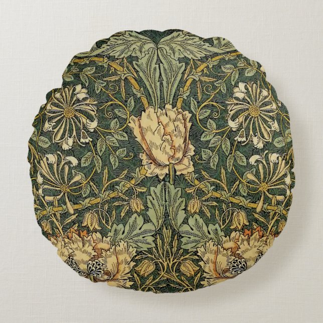 William Morris Honeysuckle Green Floral Round Cushion (Front)