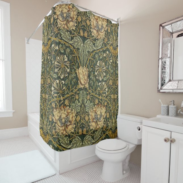 William Morris Honeysuckle Green Floral Shower Curtain (In Situ)