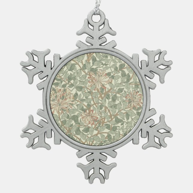 William Morris Honeysuckle Green Floral Snowflake Pewter Christmas Ornament (Front)