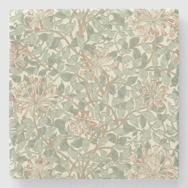 William Morris Honeysuckle Green Floral Stone Coaster (Front)