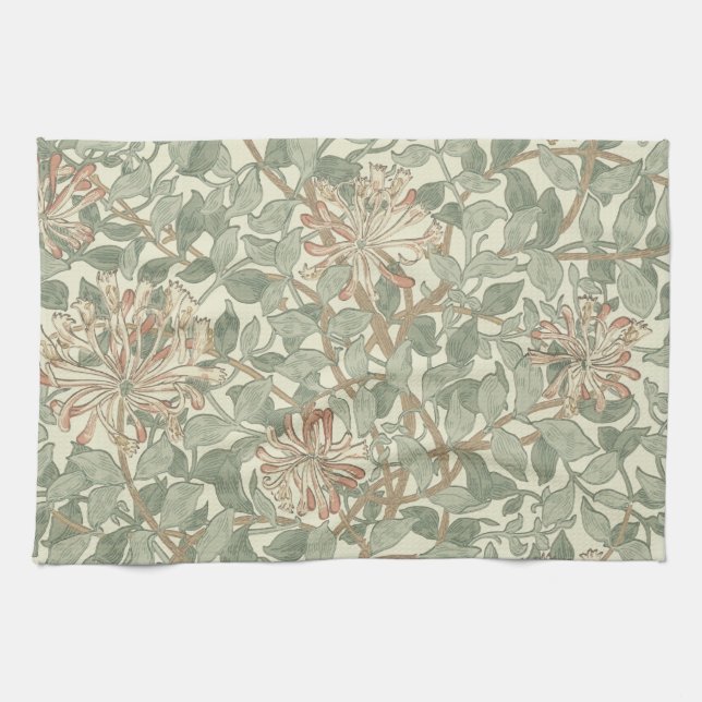 William Morris Honeysuckle Green Floral Tea Towel (Horizontal)