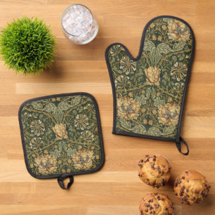 William Morris Honeysuckle Green Yellow  Oven Mitt & Pot Holder Set