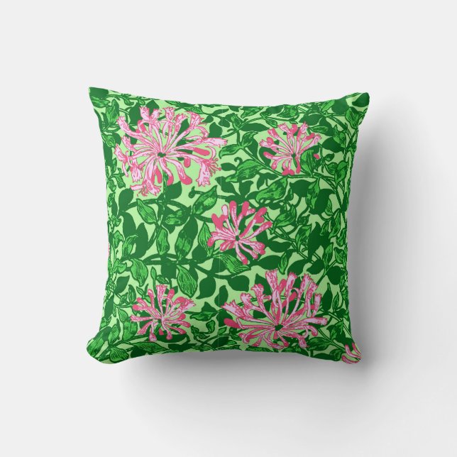 William Morris Honeysuckle, Pink and Green Cushion (Front)