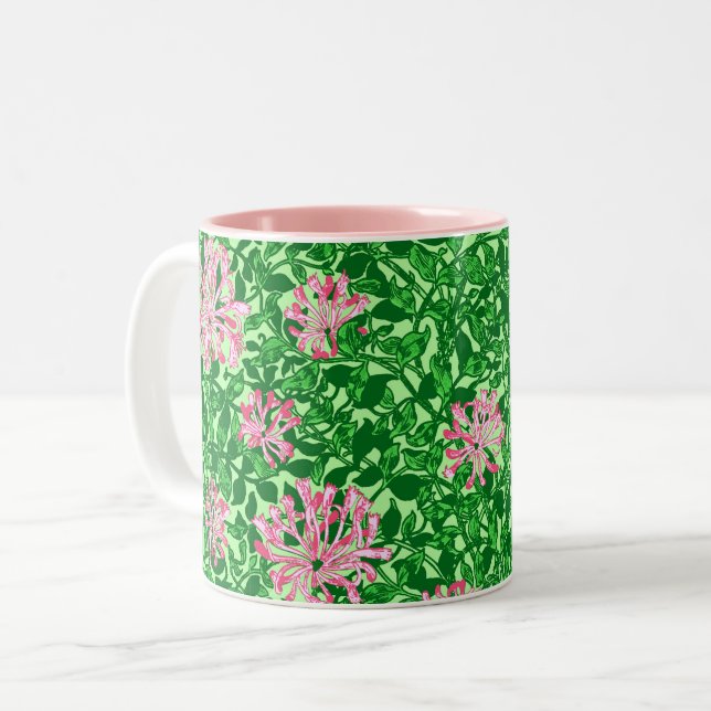 William Morris Honeysuckle, Pink and Green Two-Tone Coffee Mug (Front Left)