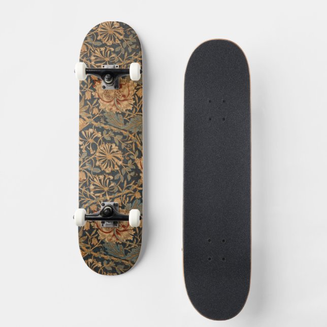 William Morris Honeysuckle Rich Red Dark Blue Skateboard (Front)