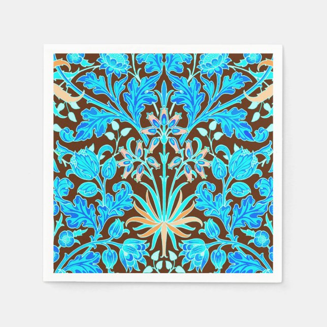 William Morris Hyacinth Print, Aqua and Brown Napkin (Front)