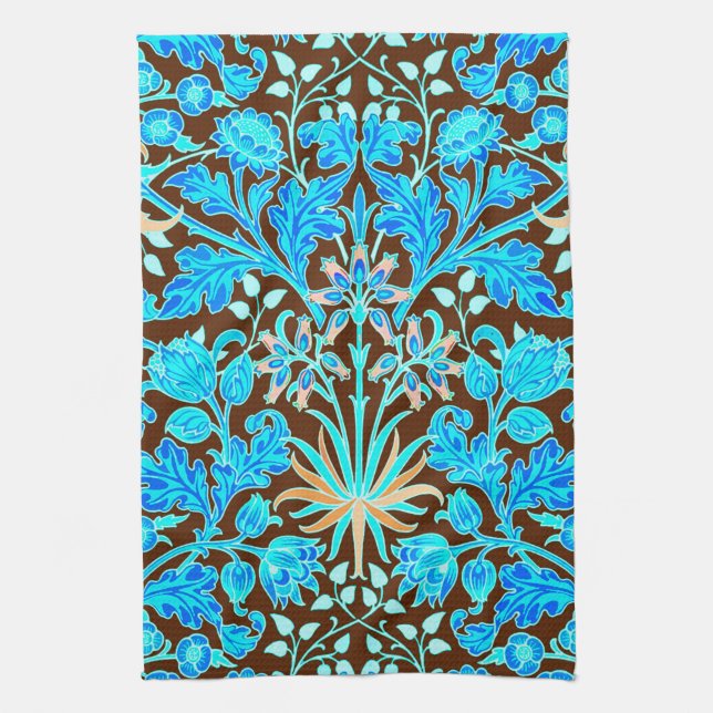 William Morris Hyacinth Print, Aqua and Brown Tea Towel (Vertical)