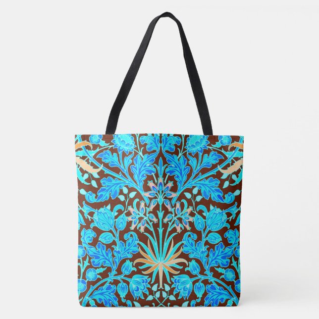 William Morris Hyacinth Print, Aqua and Brown Tote Bag (Front)
