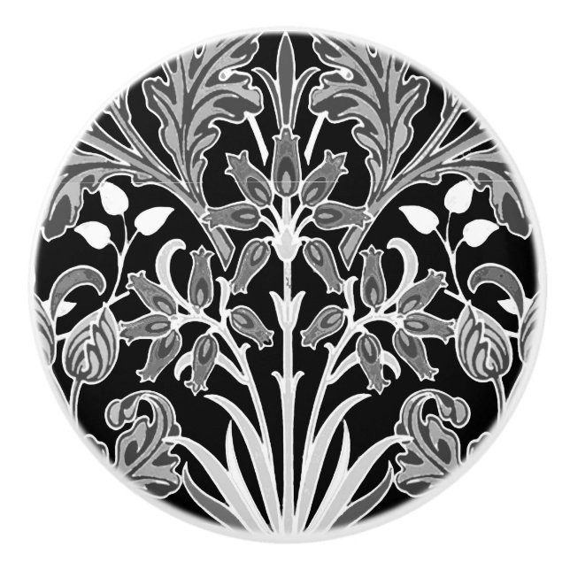 William Morris Hyacinth Print, Black and White Ceramic Knob (Front)
