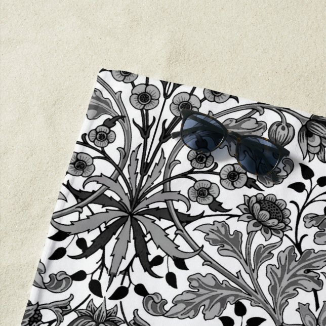 William Morris Hyacinth Print, Black, White & Grey Beach Towel (In Situ)