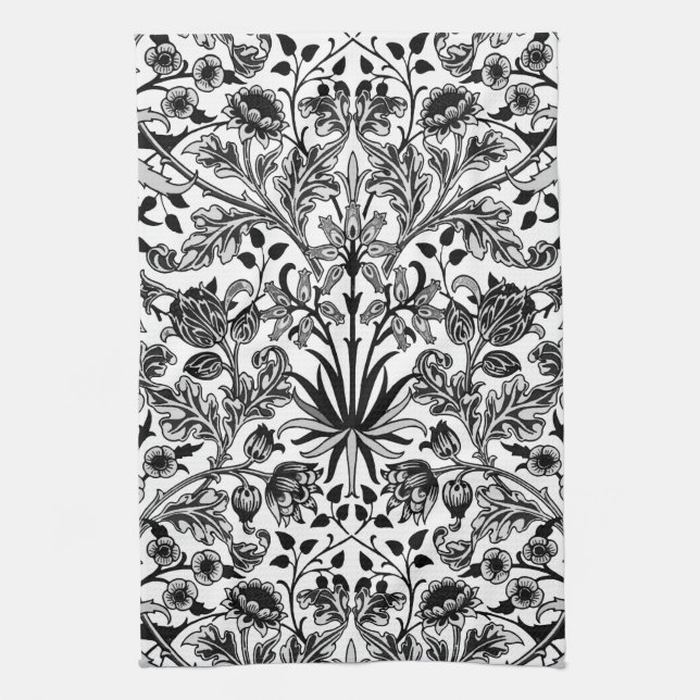 William Morris Hyacinth Print, Black, White & Grey Tea Towel (Vertical)