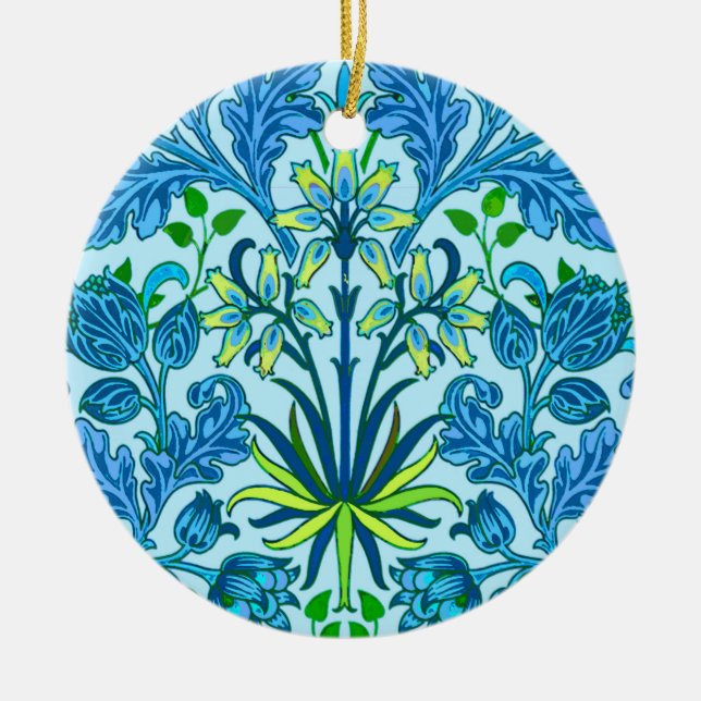 William Morris Hyacinth Print, Cerulean Blue Ceramic Tree Decoration (Front)