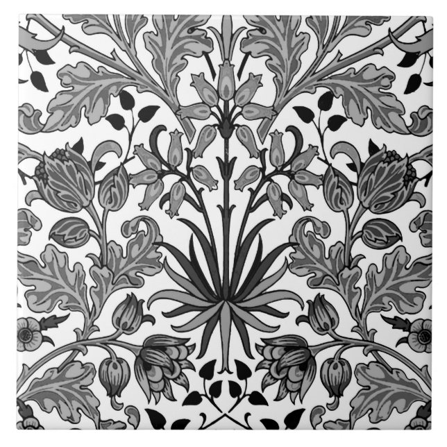 William Morris Hyacinth Print, Grey, Black & White Tile (Front)
