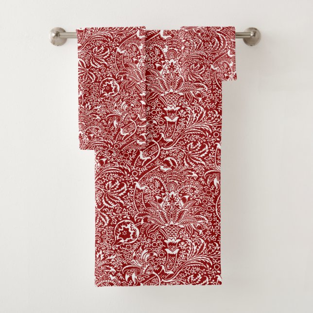 William Morris Indian, Dark Red and White  Bath Towel Set (Insitu)