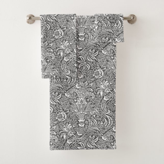 William Morris Indian, Graphite Grey and White Bath Towel Set (Insitu)