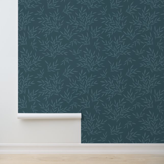 William Morris Inspired Blue Botanical Leaves Wallpaper (Application)