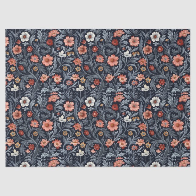 William Morris inspired blush pink navy blue Tissue Paper (Front)