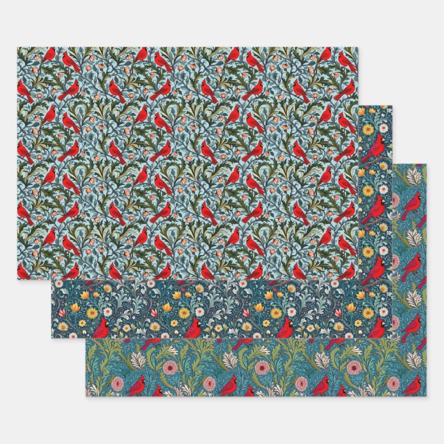 William Morris Inspired Cardinals, Vines & Flowers Wrapping Paper Sheet (Set)