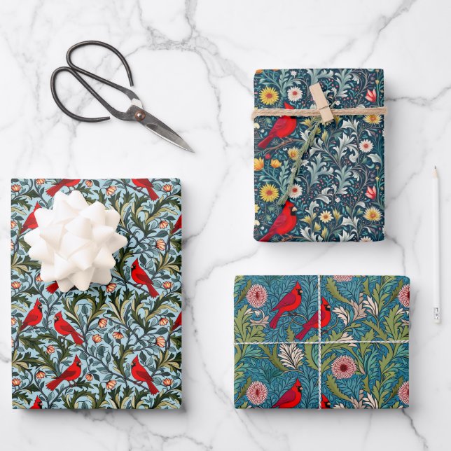 William Morris Inspired Cardinals, Vines & Flowers Wrapping Paper Sheet (Front)