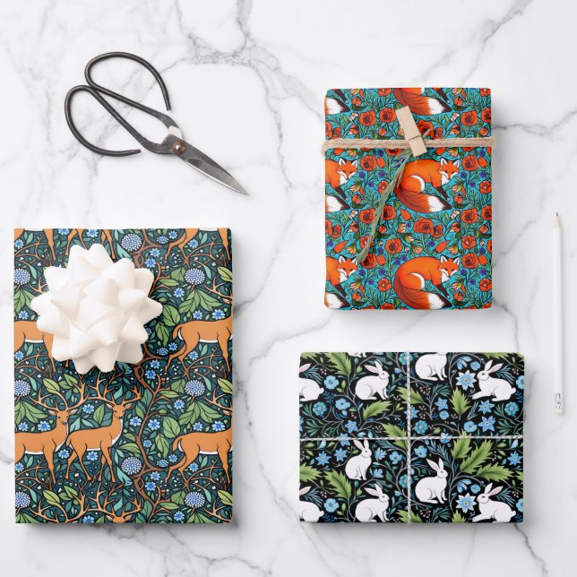 William Morris Inspired Deer,  Fox & Rabbit Wrapping Paper Sheet (Front)